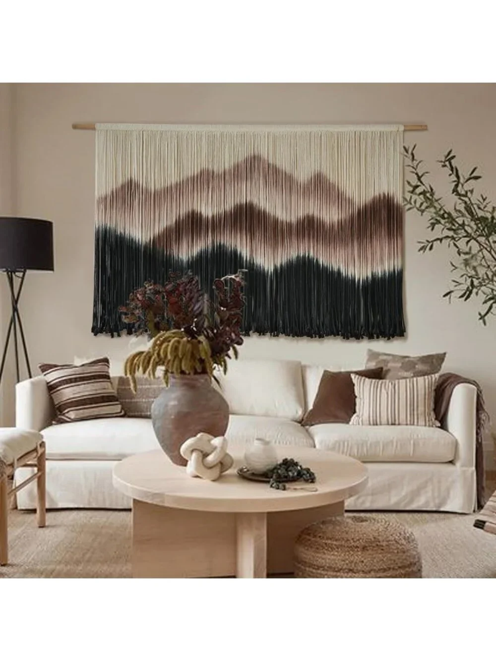 Boho Macrame Wall Hanging - Mountain Dip Dyed Brown Fiber Art Decor 57